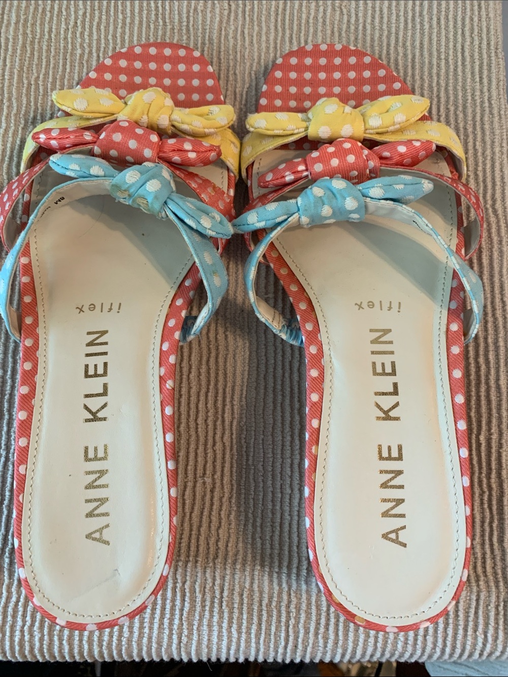 Anne Klein Polka Dot Bow Sandals in Coral, Blue & Yellow - Picture 5 of 7